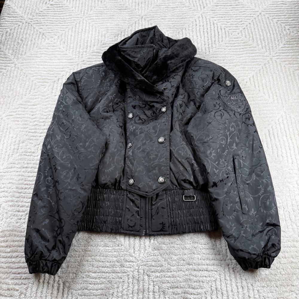 NILS Damask Ski Jacket Women's 10 Black Vintage Faux Fur Collar Bomber Retro